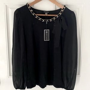NWT! Cable & Gauge elegant top. Sheer long sleeves. Chain at collar.